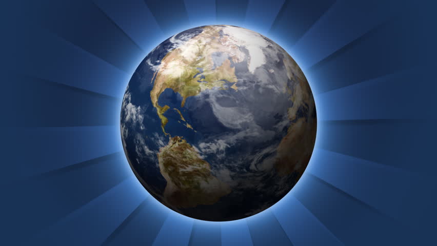 A rotating Earth over a blue stylized background.
