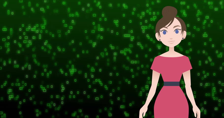 Animation of talking illustrative female representation and binary codes over green background. Digitally generated, hologram, woman, cartoon, computer language and technology concept.