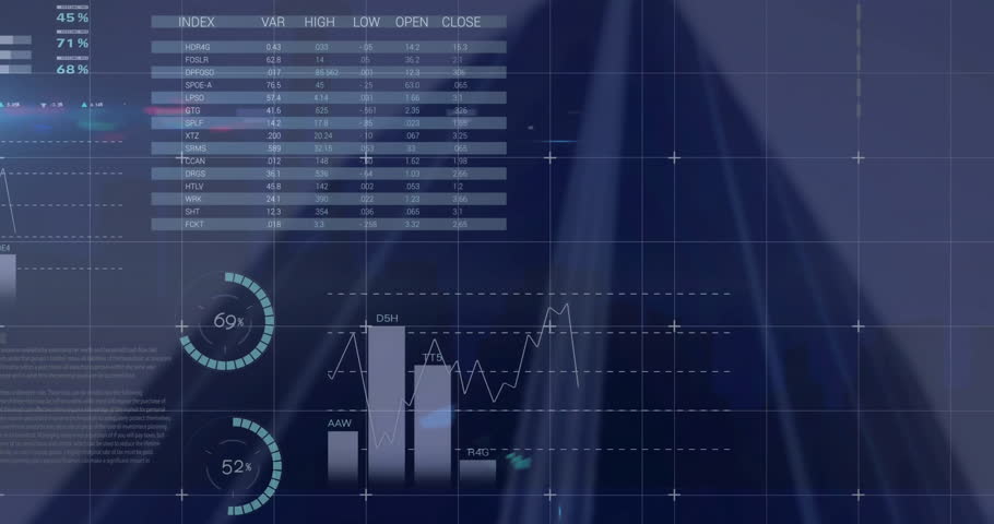 Animation of multicolored infographic interface over abstract background. Digital composite, multiple exposure, report, business, growth, progress, database and global concept.