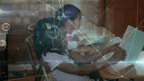 Animation of connected dots and graph icons over bored african american girl playing with book. Digital composite, multiple exposure, report, business, communication, childhood and education concept. - Powered by Shutterstock - Get 15% off with code: PIKWIZARD15