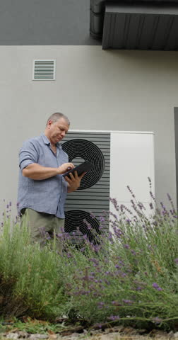A homeowner examines an external heat pump unit using a tablet, standing amid lavender plants. Vertical video