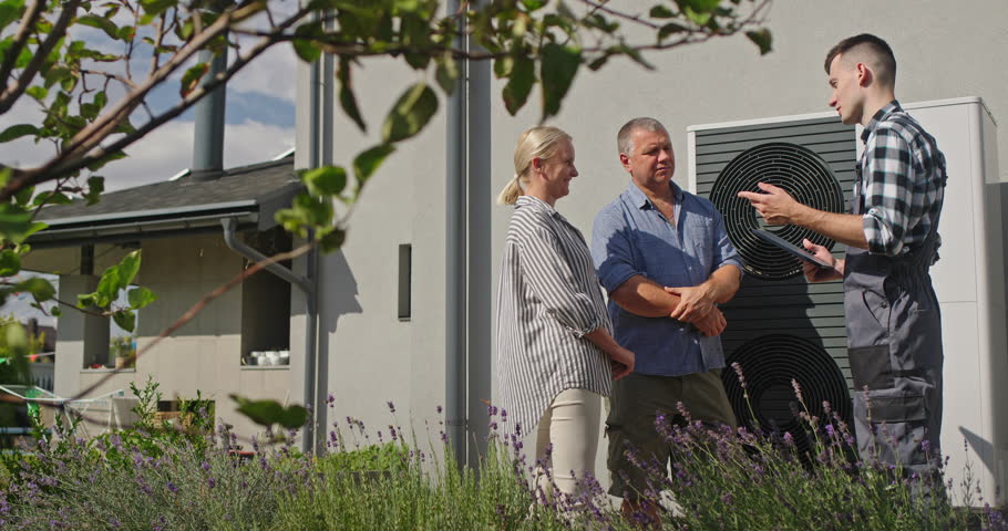 A technician explains heat pump features to a couple using a tablet, standing outdoors near the unit.