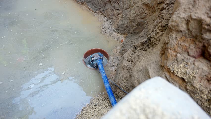 Excavating a muddy trench to reveal hidden water pipes in a construction zone