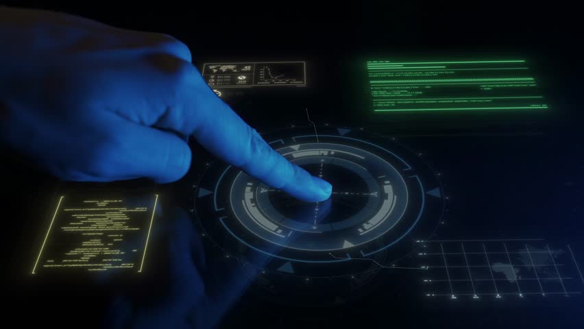 Woman hand finger in neon light touching black glass screen panel and activating holographic interface showing world map and data on display.