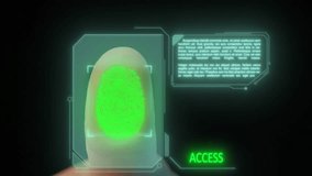 Man thumb finger touching glass screen panel and activating holographic safety interface, identity scanner scanning fingerprint showing access approved. - Powered by Shutterstock - Get 15% off with code: PIKWIZARD15