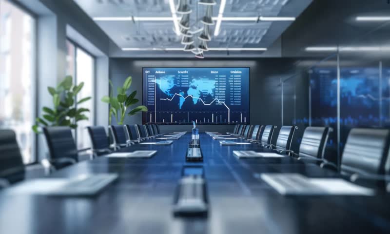 Futuristic office conference room with a large screen displaying a world map and futuristic data on the walls. Modern office conference room with black chairs and table, featuring a large screen