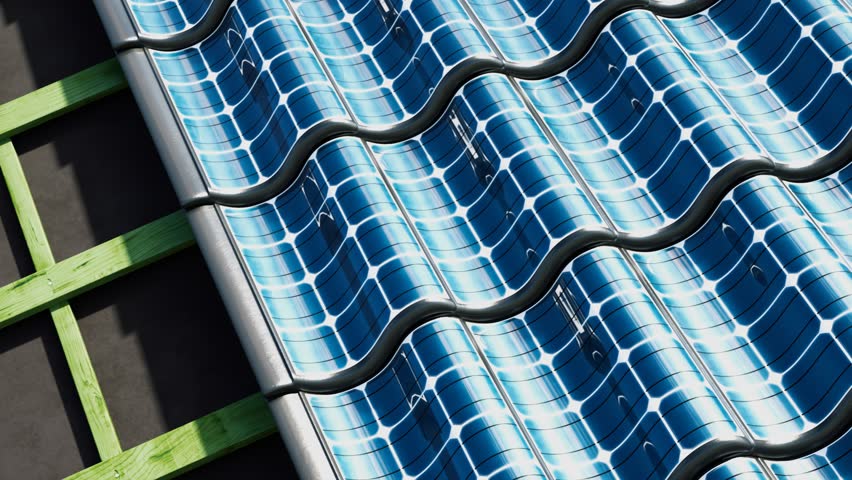 Close-up view of a roof being installed with wave-patterned solar panels, highlighting the green support structure and blue sky backdrop. Focus on renewable energy and sustainable building materials.
