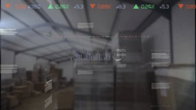 Animation of graphs, trading board and loading circles over warehouse. Digital composite, multiple exposure, report, business, progress, stock market, inventory, shipping and distribution concept. - Powered by Shutterstock - Get 15% off with code: PIKWIZARD15