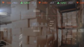 Animation of multiple graphs, loading circles and trading board over cardboard boxes in warehouse. Digital composite, multiple exposure, shape, coding, programming language, shipping and distribution. - Powered by Shutterstock - Get 15% off with code: PIKWIZARD15
