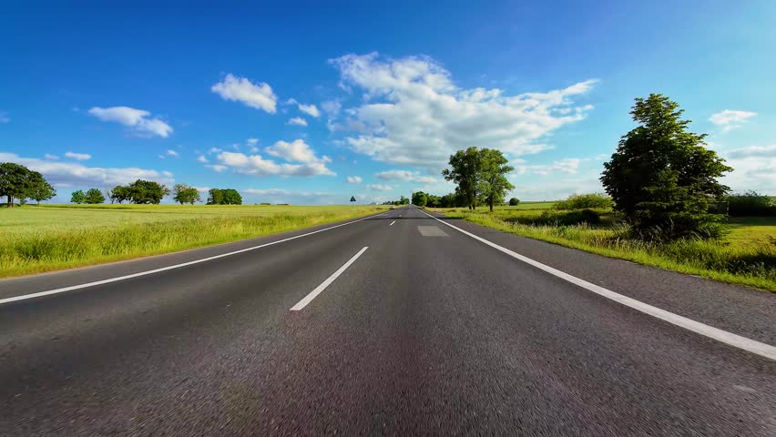 Point of view vehicle scenic driving by road at Poland. Racing down road with POV windshield revealing world, Adventures, active rest, travel, enjoyment