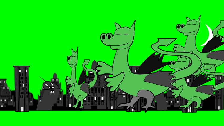2d animated character of strange city of flying green dinosaurs flying in sky or walking on ground and shaking buildings, Small and large . in green screen background chroma key.