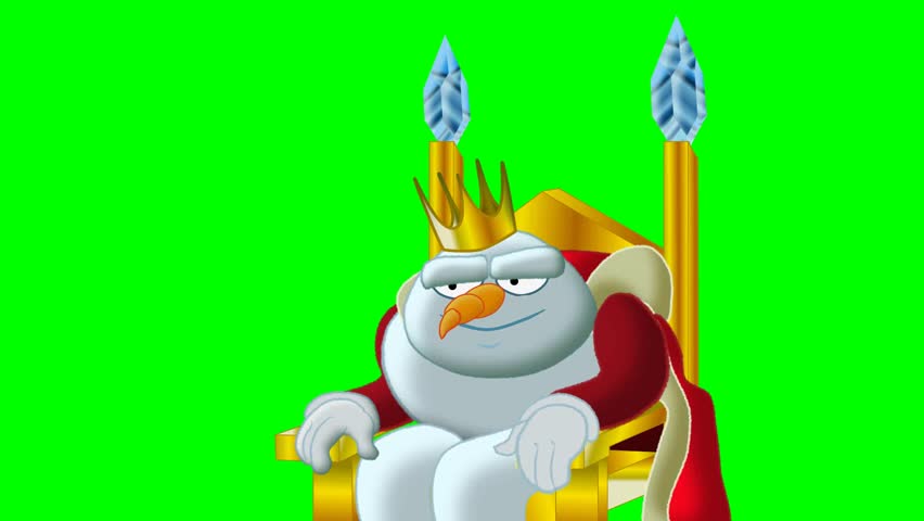 2d animated character of snowman king or ruler with carrot nose laughs loudly while sitting on golden throne, ridicule, special clown . in green screen background chroma key.