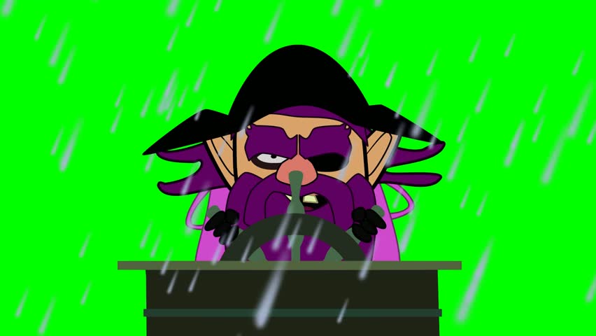2d animated character of sailor or captain guiding and controlling ship in flood and storm in sea ocean, while it is raining heavily . in green screen background chroma key.