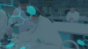 Animation of scientific data processing over diverse scientists in laboratory. Global research, medicine, science, computing and data processing concept digitally generated video. - Powered by Shutterstock - Get 15% off with code: PIKWIZARD15