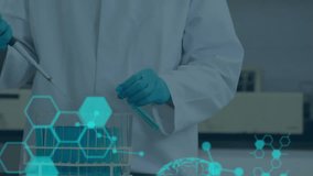 Animation of scientific data processing over male scientist in laboratory. Global research, medicine, science, computing and data processing concept digitally generated video. - Powered by Shutterstock - Get 15% off with code: PIKWIZARD15