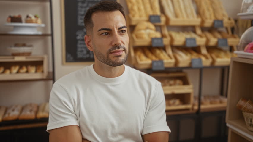 Young man with beard in bakery standing with arms crossed, surrounded by shelves of bread