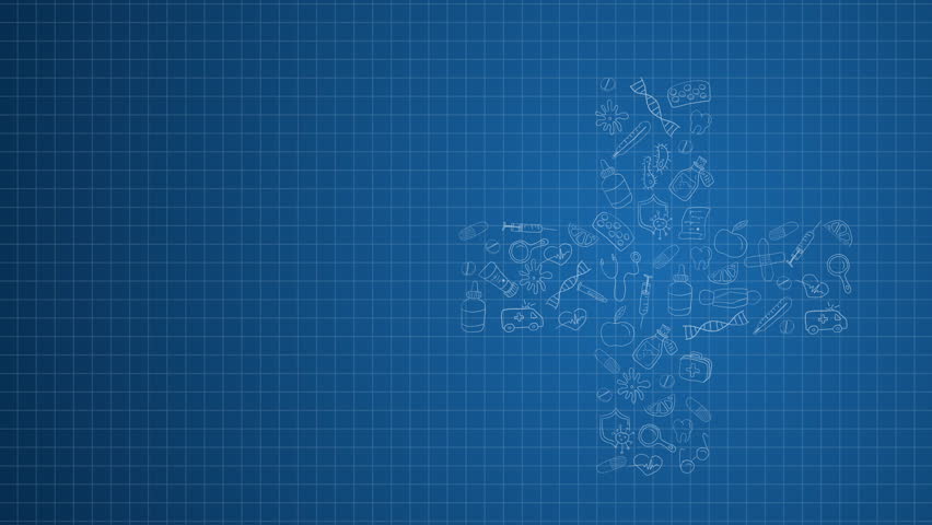 Blue medical background with space for text. Looped animation of icons in the form of a cross. Copy space.