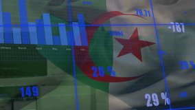 Animation of financial data processing over flag of algeria. Global business, networks, connections, computing and data processing concept digitally generated video. - Powered by Shutterstock - Get 15% off with code: PIKWIZARD15