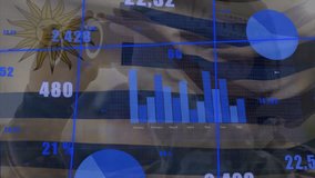 Animation of financial data processing over flag of uruguay. Global business, networks, connections, computing and data processing concept digitally generated video. - Powered by Shutterstock - Get 15% off with code: PIKWIZARD15