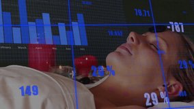 Animation of financial data processing over caucasian woman relaxing. Global wellness, business, networks, connections, computing and data processing concept digitally generated video. - Powered by Shutterstock - Get 15% off with code: PIKWIZARD15