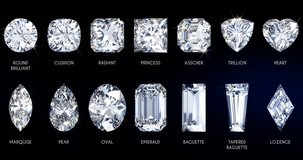 Fourteen popular diamond shapes with titles on deep blue background. Stones sway slightly to show off beauty of light refraction. Seamless loop 3D animation. - Powered by Shutterstock - Get 15% off with code: PIKWIZARD15
