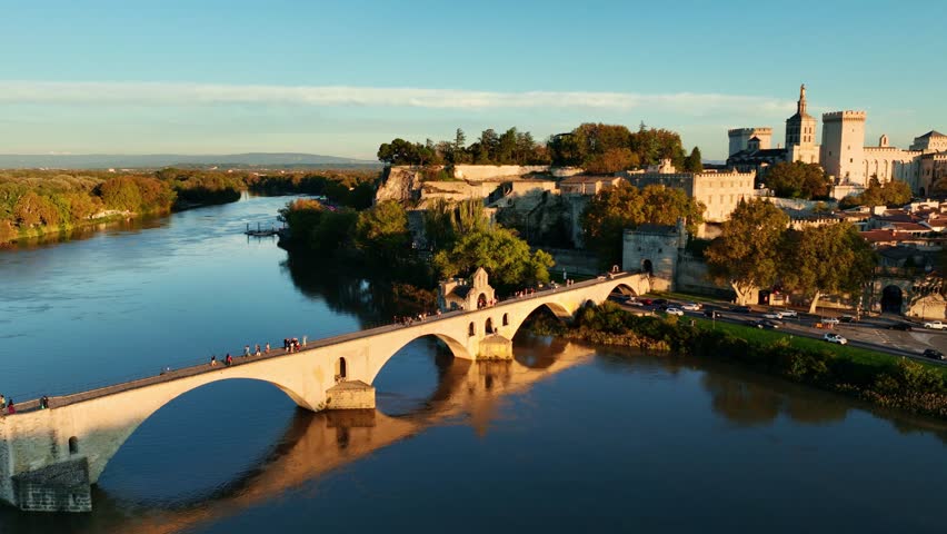 Avignon aerial view at sunset with Pont d Avignon and Palace of the Popes, the French town of Avignon on Rhone river in Provence, medieval architecture in the south of France