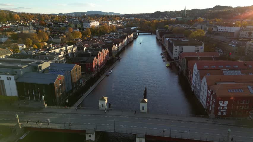 View of Trondheim waterfront from a drone