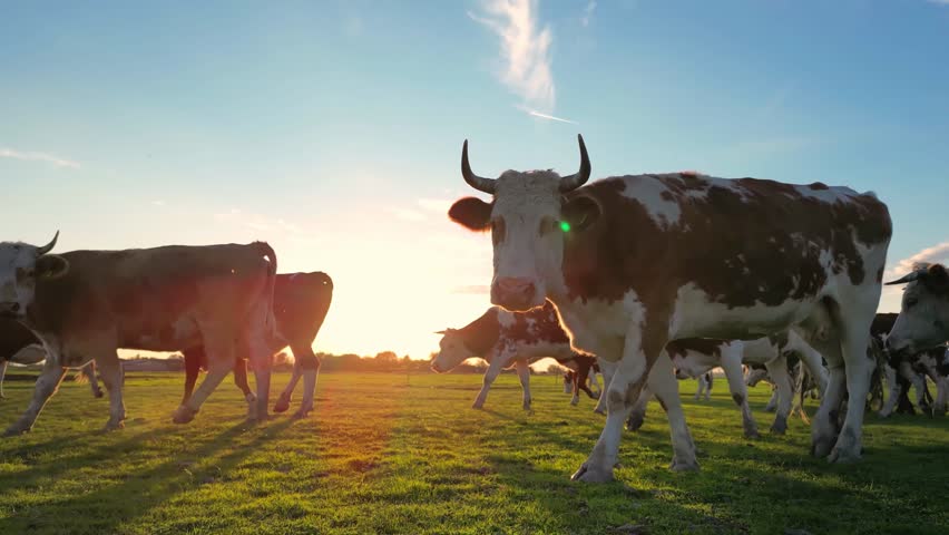 Cows grazing on pasture at sunset, landscape rural scene beautiful sunny day, low angle