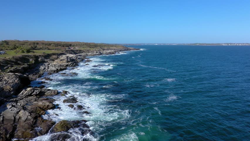 Incredible views of Rhode Island Coastline James Island Narragansett Newport Harbor Waves Breakers Rocky Sunny Blue Skies