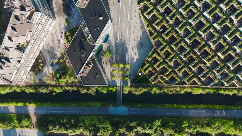 Aerial top down view of residential complex Mountain Dwellings, Copenhagen