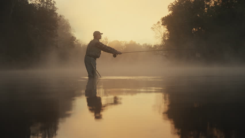 Young fly fisherman casting on a foggy river at sunrise