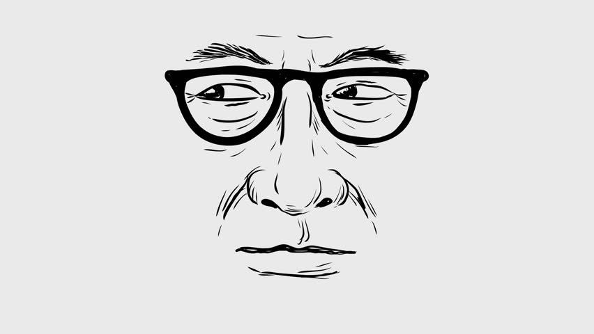 2d Animation cartoon drawing of a man with glasses looking sideways front view on white, black and green screen in 4k ultra-high-definition.