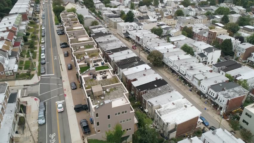 Aerial of Manaunk Roxborough Philadelphia Pennsylvania buildings and row homes