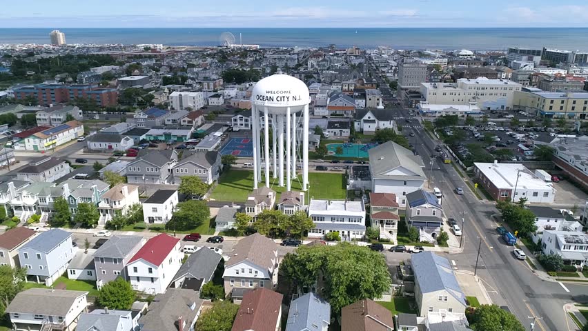 Ocean City New Jersey welcome water tower aerial on a summer day