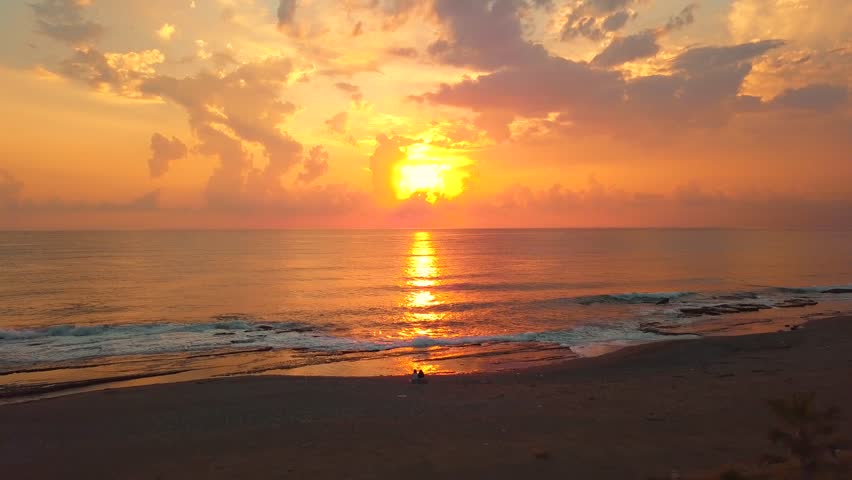 Aerial View of Sunset at Koru Beach in Gazipasa, Turkey, Serene Coastal Scene with No People, Peaceful Shoreline and Stunning Sunset Over the Sea in the Mediterranean