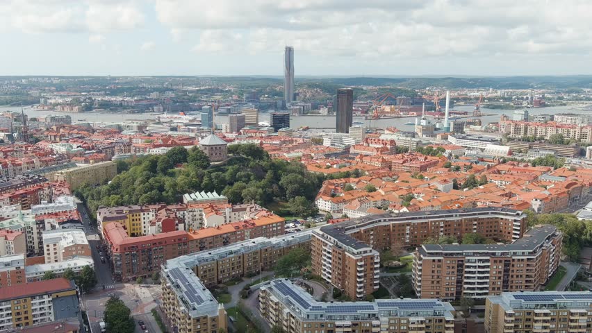 Gothenburg, Sweden. Skansen Kronan - A fortress on a hill with panoramic views of the city. Panorama of the city. Summer day. Cloudy weather. Stable, Aerial View