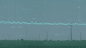 Animation of multiple graphs and changing numbers over windmill on green field against sky. Digital composite, multiple exposure, report, business, growth, profit and sustainable energy concept. - Powered by Shutterstock - Get 15% off with code: PIKWIZARD15