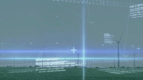Animation of graphs, trading boards, binary codes, computer language over windmills on grassy land. Digital composite, coding, report, business, growth, stock market and sustainable energy concept. - Powered by Shutterstock - Get 15% off with code: PIKWIZARD15