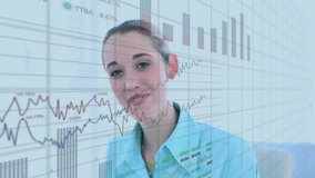 Animation of multiple graphs and trading boards over caucasian woman talking on smartphone. Digital composite, multiple exposure, report, business, stock market, communication and technology concept. - Powered by Shutterstock - Get 15% off with code: PIKWIZARD15