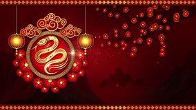 Beautiful red and gold Chinese zodiac snake symbol with lanterns, surrounded by cherry blossoms on a traditional red backdrop, symbolizing prosperity and cultural heritage. - Powered by Shutterstock - Get 15% off with code: PIKWIZARD15