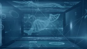 Animation of connected icons over multiple medical interfaces in tunnel. Digitally generated, illustration, hologram, communication, anatomy, molecules, healthcare, dna helix and technology concept. - Powered by Shutterstock - Get 15% off with code: PIKWIZARD15