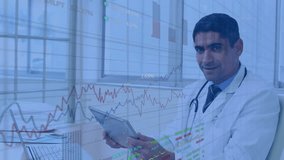 Animation of multiple graphs and trading board over biracial doctor using digital tablet. Digital composite, multiple exposure, report, business, stock market, medical and technology concept. - Powered by Shutterstock - Get 15% off with code: PIKWIZARD15
