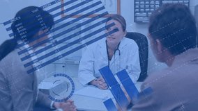 Animation of infographic interface over diverse female doctor consulting couple in hospital. Digital composite, multiple exposure, report, business, togetherness, global, patient and healthcare. - Powered by Shutterstock - Get 15% off with code: PIKWIZARD15