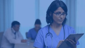 Animation of multiple graphs and trading boards over biracial female doctor using digital tablet. Digital composite, multiple exposure, report, business, stock market, medical and technology concept. - Powered by Shutterstock - Get 15% off with code: PIKWIZARD15