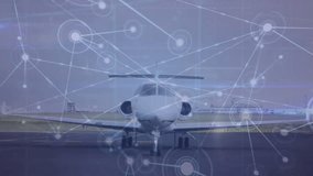 Animation of lens flares and connected dots over parked airplane against sky in airport. Digital composite, multiple exposure, communication, transportation, travel, global connection and technology. - Powered by Shutterstock - Get 15% off with code: PIKWIZARD15