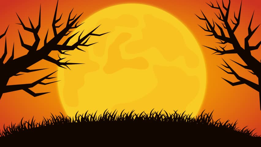 Motion graphic featuring bats flying, with spooky dried trees in the background. Perfect for Halloween themed, horror content, or atmospheric intros. Halloween 2024 concept. Happy Halloween text.