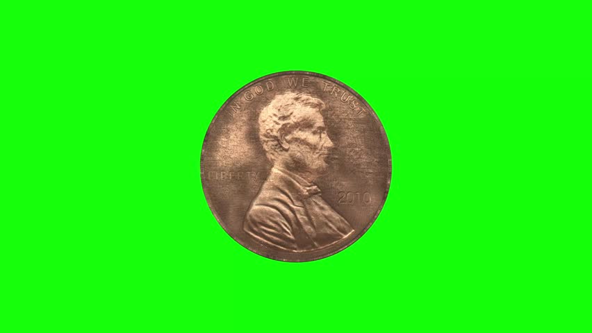 4K clip of rotating One Cent coin on green screen background. Spinning Dollar. Business and money video. Isolated green screen seamlessly looping clip. Penny Coin.