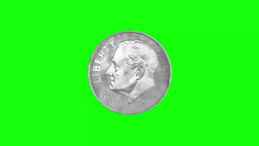 4K clip of rotating Ten Cent coin on green screen background. Spinning Dollar. Business and money video. Isolated green screen seamlessly looping clip. Dime Coin.