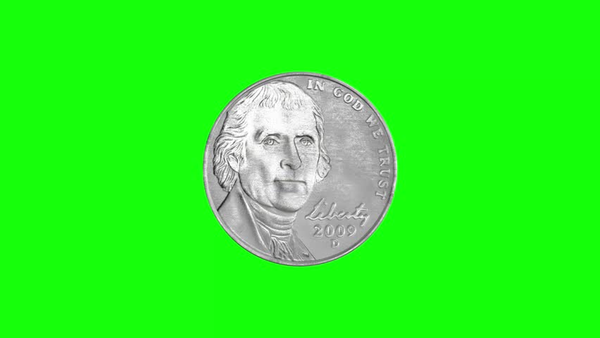 4K clip of rotating Five Cents coin on green screen background. Spinning Dollar. Business and money video. Isolated green screen seamlessly looping clip. Nickel Coin.