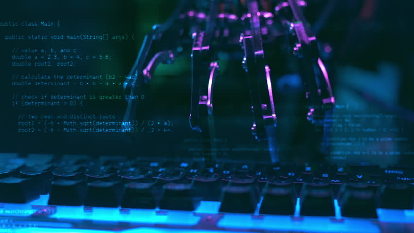 Robot hand working and typing on pc keyboard with chatgpt AI Technology. Artificial intelligence mechanical arm with computer. Futuristic chat gpt high-tech innovation concept